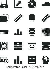 Solid Black Vector Icon Set - bar chart vector, growth, storage unit, CD, big data server, copy, processor, agenda, radiator fan, memory, usb, router, flash, coding, lan connector, satellite antenna