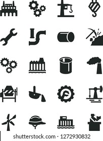 Solid Black Vector Icon Set - hook vector, concrete mixer, helmet, star gear, working oil derrick, coal mining, wind energy, water pipes, manufacture, hydroelectric station, hydroelectricity, pipe