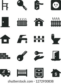 Solid Black Vector Icon Set - house vector, bedside table, baby cot, a chair for feeding, dwelling, brick wall, comfortable toilet, power socket type b, key, door knob, ntrance, ceramic tiles, exit