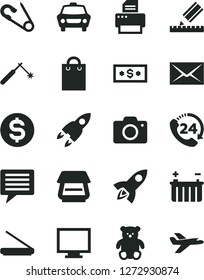 Solid Black Vector Icon Set - image of thought vector, monitor, camera, envelope, open pin, small teddy bear, drawing, car, 24, battery, welding, dollar, bag, printer, scanner, rocket, private plane