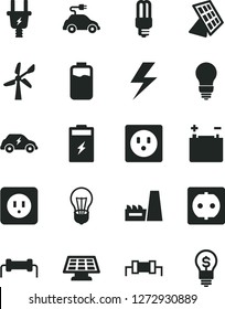 Solid Black Vector Icon Set - lightning vector, bulb, power socket type b, charge level, charging battery, wind energy, accumulator, electric plug, thermal plant, mercury light, car, transport, idea