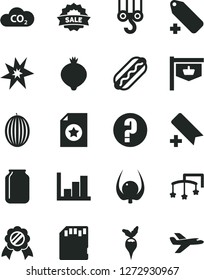 Solid Black Vector Icon Set - add bookmark vector, label, negative histogram, question, toys over the cot, winch hook, Hot Dog, medlar, melon, physalis, radish, CO2, jar, vintage sign, sale, sd card