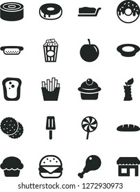 Solid Black Vector Icon Set - loaf vector, canned goods, mini hot dog, big burger, cake, muffin, slice, with a hole, glazed, plate of milk, chicken leg, lollipop, French fries, cup popcorn, popsicle