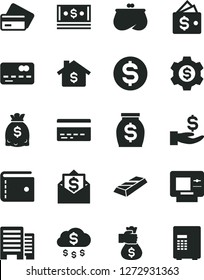 Solid Black Vector Icon Set - bank card vector, purse, buildings, front of the, dollar, get a wage, money, dollars, cash, gold bar, bag hand, rain, mortgage, gear, wallet, mail, atm, credit, safe