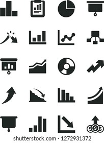 Solid Black Vector Icon Set - growth up vector, pie chart, bar, graph, negative, positive histogram, recession, a crisis, statistical report, hierarchical scheme, ring diagram, presentation, board