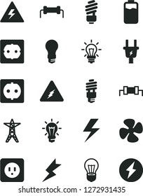 Solid Black Vector Icon Set - lightning vector, danger of electricity, saving light bulb, power socket type b, f, fan screw, charge level, line, electric plug, energy, resistor