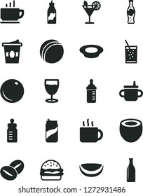 Solid Black Vector Icon Set - mug for feeding vector, bottle, measuring, bath ball, coffee, burger, a plate of milk, beans, cup tea, coffe to go, glass soda, cocktail, can, orange, liquor, half