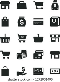 Solid Black Vector Icon Set - paper bag vector, grocery basket, bank card, crossed cart, with handles, cards, kiosk, coins, stall, shopping, get a wage, money, dollars, cash, hand, dollar