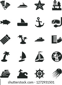 Solid Black Vector Icon Set - anchor vector, fish, sea port, planet, sail boat, hotel, palm tree, starfish, flippers, diving mask, surfing, handwheel, jet ski, cruiser, shark fin, yacht, windsurfing