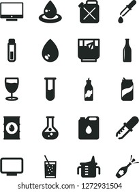 Solid Black Vector Icon Set - measuring cup for feeding vector, drop, screen, a glass of soda, tea, can, liquor, flask, oil, canister, bottle, monitor, test tube, pipette, champagne