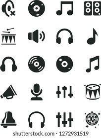 Solid Black Vector Icon Set - bell vector, horn, silent mode, drumroll, drum, headphones, music, CD, volume, pc speaker, note, settings, microphone, disco ball