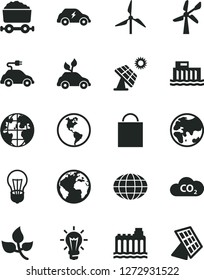 Solid Black Vector Icon Set - sign of the planet vector, paper bag, big solar panel, leaves, windmill, wind energy, Earth, bulb, hydroelectric station, hydroelectricity, electric car, CO2, globe