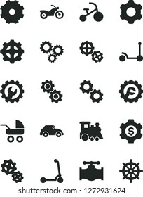 Solid Black Vector Icon Set - Truck Lorry Vector, Baby Carriage, Children's Train, Tricycle, Kick Scooter, Child, Gears, Cogwheel, Gear, Star, Valve, Retro Car, Three, Dollar, Motorcycle, Handwheel