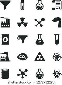 Solid Black Vector Icon Set - round flask vector, manufacture, factory, oil, barrel, industrial building, carbon dyoxide, filter, water, research article, test tube, molecule, nuclear, biohazard