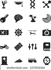 Solid Black Vector Icon Set - molecule vector, dna, brain, settings, book, graduate hat, radar, bus, motorcycle, plane ticket, beach, palm tree, cocktail, medical room, camera, key, handwheel, yacht