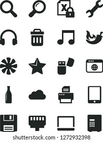 Solid Black Vector Icon Set - magnifier vector, star, chili, Glass bottle, tablet pc, notebook, fan, encrypting, printer, usb flash, headphones, browser, trash bin, floppy, lan connector, note, safe