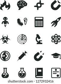 Solid Black Vector Icon Set - round flask vector, horseshoe magnet, microscope, atom, dna, brain, bactery, book, biohazard, flame, graduate hat, calculator, radar, earth core, robot, rocket, syringe
