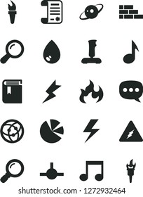 Solid Black Vector Icon Set - lightning vector, book, brick wall, drop, pie charts, research article, speech, network, connect, magnifier, note, joystick, electricity, zoom, flame, saturn, torch