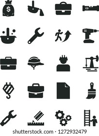 Solid Black Vector Icon Set - briefcase vector, clean sheet of paper, hook, drill, wooden paint brush, construction level, drawing, helmet, suitcase, working oil derrick, builder, repair key, steel