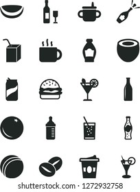 Solid Black Vector Icon Set - mug for feeding vector, measuring bottle, bath ball, packing of juice with a straw, burger, coffee beans, cup tea, coffe to go, glass soda, cocktail, can, orange, half