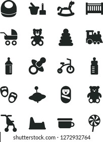 Solid Black Vector Icon Set - baby cot vector, dummy, feeding bottle, measuring for, bib, carriage, sitting stroller, stacking rings, roly poly doll, toy sand set, children's potty, chair, small