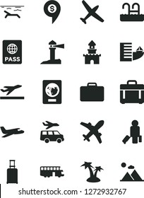 Solid Black Vector Icon Set - case vector, passport, coastal lighthouse, sand castle, dollar pin, plane, bus, passenger, suitcase, rolling, departure, hotel, beach, palm tree, pool, transfer