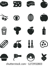 Solid Black Vector Icon Set - measuring bottle for feeding vector, iron fork spoons, piece of cheese, Hot Dog, noodles, mushroom, cake, glazed with a hole, meat, Chinese chopsticks, cup popcorn, red