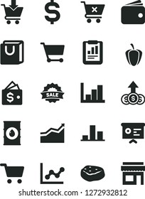 Solid Black Vector Icon Set - graph vector, negative histogram, put in cart, crossed, bag with handles, piece of meat, ripe pepper, oil, shopping, chart, statistical report, denomination the dollar