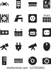 Solid Black Vector Icon Set - camera vector, power socket type b, f, faucet mixer, battery, plug, cast iron radiator, fan, mouse, keyboard, pc tower, motherboard, gpu card, scanner, telescope