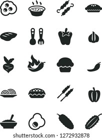 Solid Black Vector Icon Set - plastic fork spoons vector, onion, cake, pie, apple, a bowl of buckwheat porridge, in saucepan, chop, barbecue, meat on skewers, cucumber, peper, fried egg, omelette