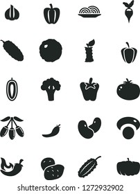 Solid Black Vector Icon Set - onion vector, cabbage, cucumber, tomato, chili, peper, goji berry, sweet date fruit, apple stub, Bell pepper, ripe, red, garlic, potato, beans, mashroom, broccoli