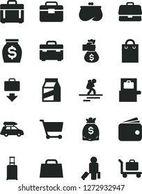 Solid Black Vector Icon Set - portfolio vector, suitcase, case, package, cart, briefcase, wallet, purse, money, dollars, bag, hand, car baggage, backpacker, passenger, rolling, scanner, getting