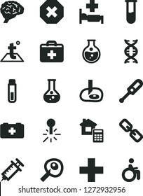 Solid Black Vector Icon Set - mark of injury vector, spectacles, first aid kit, plus, electronic thermometer e, bag a paramedic, estimate, temperature, round flask, mercury, test tube, dna, brain