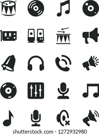 Solid Black Vector Icon Set - desktop microphone vector, silent mode, drumroll, drum, bell, music, CD, regulator, phone call, megaphone, loudspeaker, pc card, headphones, speaker, note