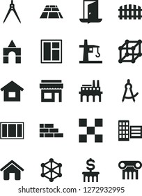 Solid Black Vector Icon Set - box of bricks vector, house, dwelling, brick wall, window, frame, city block, tile, fence, paving slab, industrial enterprise, tower crane, drawing compass, 3d cube