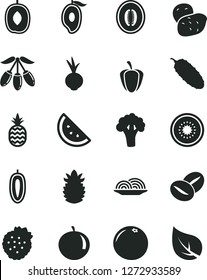 Solid Black Vector Icon Set - onion vector, cucumber, beet, coffee beans, strawberries, a pineapple, orange slice, half of mango, goji berry, delicious plum, melon, tangerine, sweet date fruit, kiwi