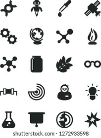 Solid Black Vector Icon Set - jar vector, flask, molecule, glasses, dna, bulb, gears, satellite, pipette, globe, flame, scientist, radar, earth core, robot, biology, presentation board, resistor