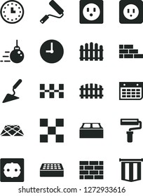 Solid Black Vector Icon Set - paint roller vector, brickwork, brick wall, big core, building trowel, new, power socket type b, f, tile, ceramic tiles, block, fence, hedge, pavement, clock, calendar