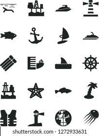 Solid Black Vector Icon Set - anchor vector, small fish, sea port, commercial seaport, lighthouse, coastal, planet, hotel, beach, palm tree, starfish, handwheel, life vest, jet ski, shark fin, yacht
