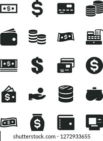 Solid Black Vector Icon Set - purse vector, dollar, cards, coins, front of the bank card, column, denomination, catch a coin, wallet, money, cash, machine, atm