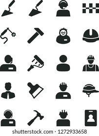 Solid Black Vector Icon Set - builder vector, workman, trowel, building, paint roller, ceramic tiles, construction helmet, putty knife, hammer, with claw, employee, operator, gas welding, man