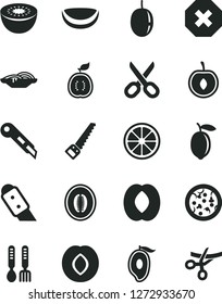 Solid Black Vector Icon Set - scissors vector, mark of injury, iron fork spoons, arm saw, knife, stationery, pizza, slices onion, plum, half mango, peach, melon, cherry, passion fruit, lemon, juicy