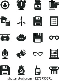 Solid Black Vector Icon Set - desktop microphone vector, floppy disk, hat, camera roll, new abacus, toy mobile phone, estimate, alarm clock, jar of jam, windmill, antique advertising signboard