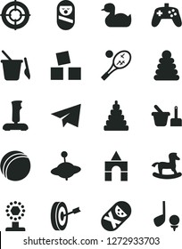 Solid Black Vector Icon Set - paper airplane vector, rubber duck, bath ball, stacking rings, toy, roly poly doll, tumbler, sand set, children's, yule, small rocking horse, cubes for children, cup