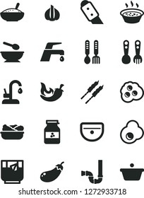 Solid Black Vector Icon Set - deep plate with a spoon vector, plastic fork spoons, iron, sink, siphon, knife, faucet mixer, kitchen, bowl of rice porridge, in saucepan, lettuce, barbecue, chili, pan