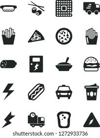 Solid Black Vector Icon Set - lightning vector, dangers, car, delivery, sausage, pizza, piece of, Hot Dog, mini, burger, a bowl buckwheat porridge, French fries, fried potato slices, coffe to go