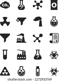 Solid Black Vector Icon Set - round flask vector, manufacture, factory, oil, industrial building, radiation, carbon dyoxide, filter, water, research article, test tube, molecule, nuclear, biohazard