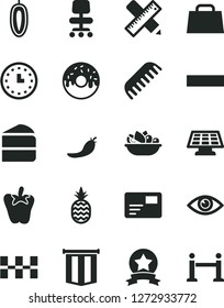 Solid Black Vector Icon Set - minus vector, comb, writing accessories, ceramic tiles, eye, pass card, piece of cake, glazed with a hole, plate fruit, peper, pineapple, sweet date, red pepper, chair