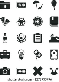 Solid Black Vector Icon Set - camera vector, cross, upload folder, balloon, e, suitcase, hawser, bottle of soda, half kiwi, bulb, gpu card, hdd, atom, biohazard, clipboard, arnchair under umbrella