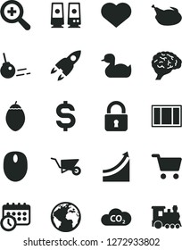 Solid Black Vector Icon Set - heart symbol vector, sign of the planet, zoom, rubber duck, building trolley, window frame, core, lock, chicken, tamarillo, CO2, shopping cart, denomination dollar